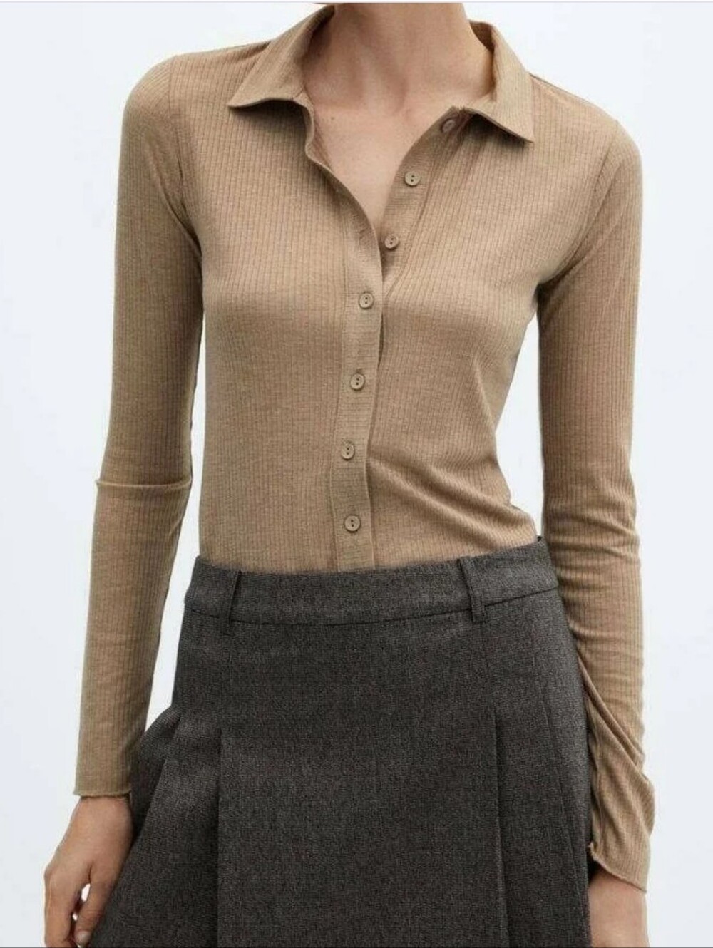 Mango Camel Ribbed Button-Down Shirt - Picture 3 of 6